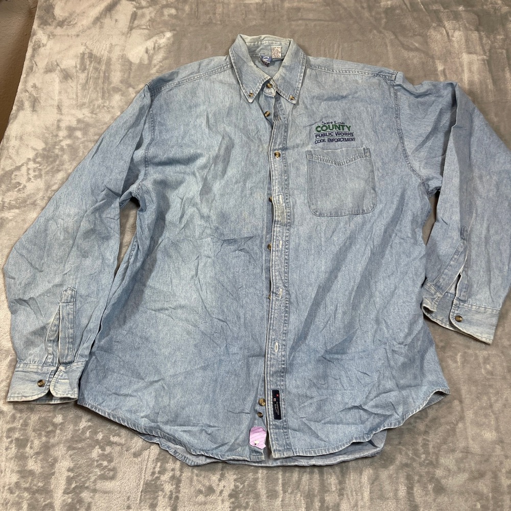 Port and Company Mens XL Light Wash Denim Shirt Saint Louis Public Works Blue